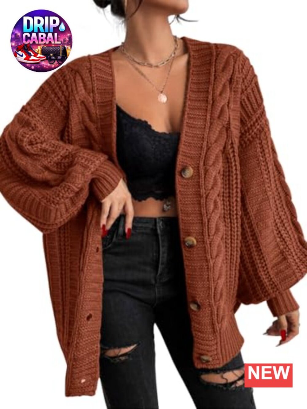 Womens Oversized Cable Knit Cardigan Button Down V-Neck Lantern Sleeve Sweater